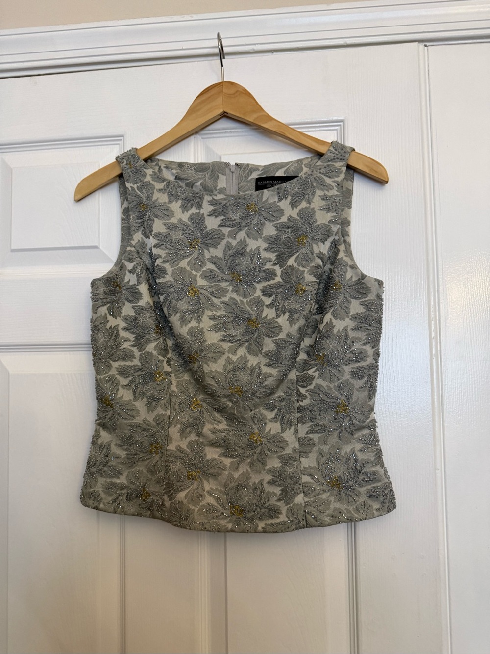 Carmen Marc Valvo Silver Beaded Floral Tank